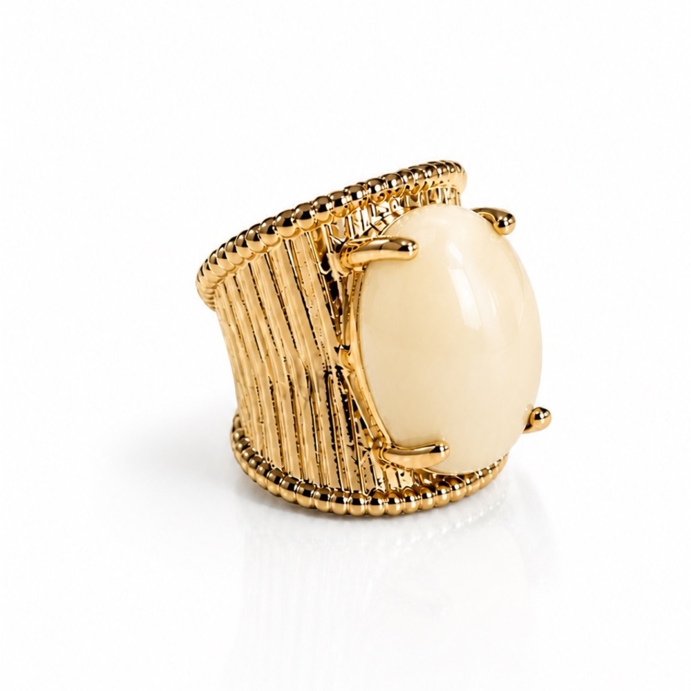 Gold-Tone Wide Band Ring with Cream Oval Cabochon